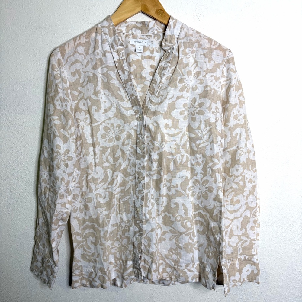 100% linen Charter Club Beige White button front shirt top sz 8 coastal resort